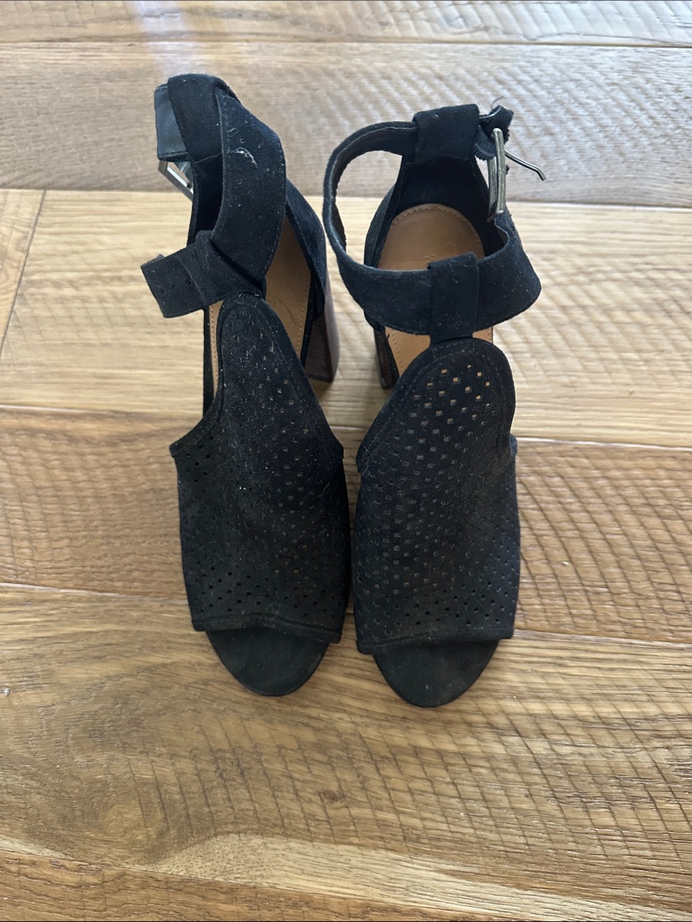 Black Suede Peep-Toe Block Heel Sandals with Ankle Strap! - Picture 2 of 10